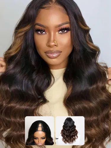 Nadula - Peluca de onda corporal con raya en V, cabello humano sin mechas fuera, ombre de negro a marrón castaño, mejora de raya en U, peluca