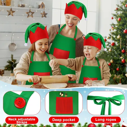 Miniatura 4 de Handepo - Conjunto de delantal y gorro de elfo navideño para niños, sombreros de Papá Noel para niños, suministros de fiesta navideña para niños