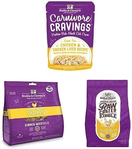 Stella & Chewy's Chicken Superpack - Bolsas húmedas, bocados de cena liofilizados y paquete de comida seca para gatos