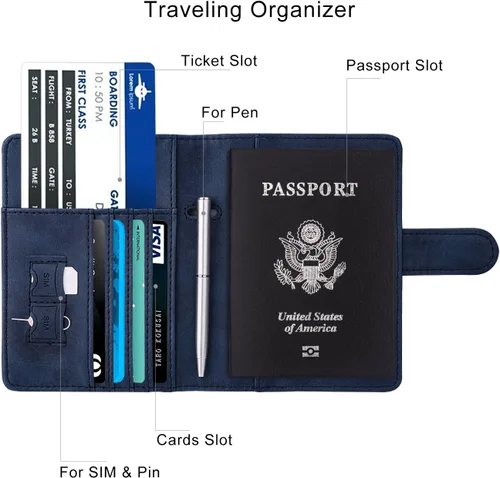 Miniatura 4 de WALNEW Funda para pasaporte funda para pasaporte tarjeta cartera E-azul marino Estilo E