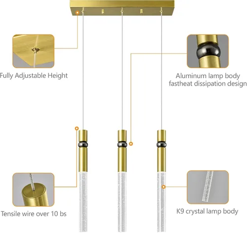 Miniatura 5 de Iluminación colgante de 3 luces para comedor, lámpara LED regulable moderna de oro con luces colgantes de cristal de burbujas, isla de cocina