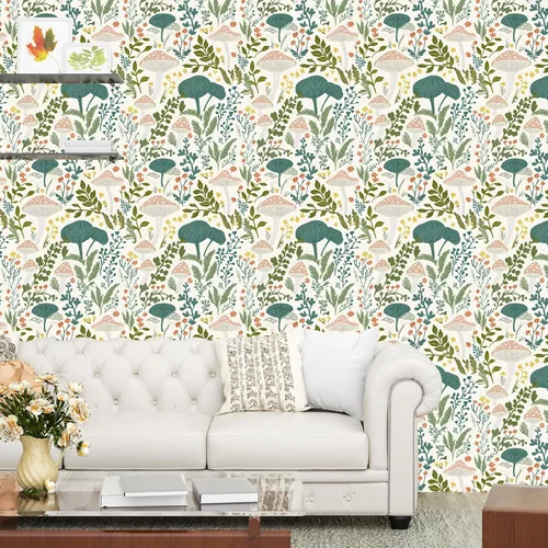 Miniatura 4 de Papel tapiz floral de hongos rosados para despegar y pegar, papel de contacto bohemio con hojas verdes claras, acuarela, colorido mural de pared