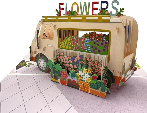 Tarjeta de felicitación emergente con flores florecientes, furgonetas de aventura, vehículo floral, amante de la naturaleza, tema clásico de