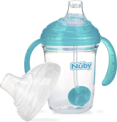 Nuby No Spill 360 - Vaso de Tritan con agarre y popote ponderado N' Sip con cubierta higiénica, 8 onzas, vaso de entrenamiento, verde azulado