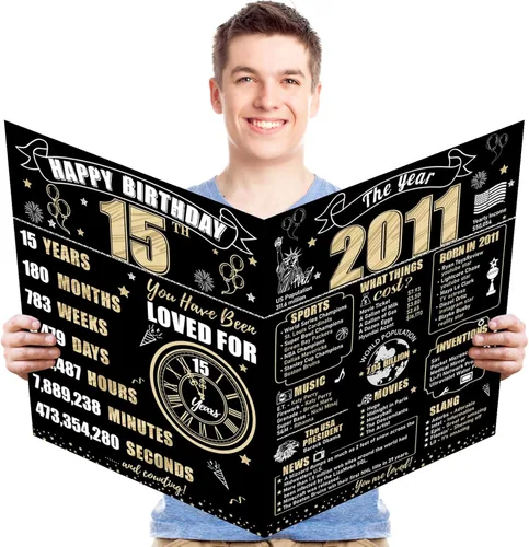 Miniatura 13 de Turypaty Tarjeta de 10 cumpleaños grande con sobre para niños y niñas, libro de firmas de invitados gigante de feliz 10 cumpleaños en negro y oro