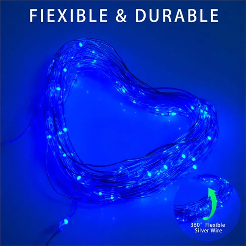 Miniatura 5 de Tira de luces solares azules de Navidad al aire libre impermeables, 2 paquetes, total 200 LED, 20.1 m, 8 modos, luces de hadas de cobre