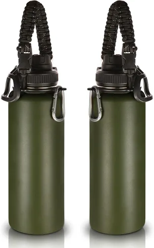 Miniatura 18 de Volhoply Botellas de agua aisladas en paquete de 2, 40 onzas, botella deportiva de acero inoxidable con asa de paracord y tapa con boquilla, taza