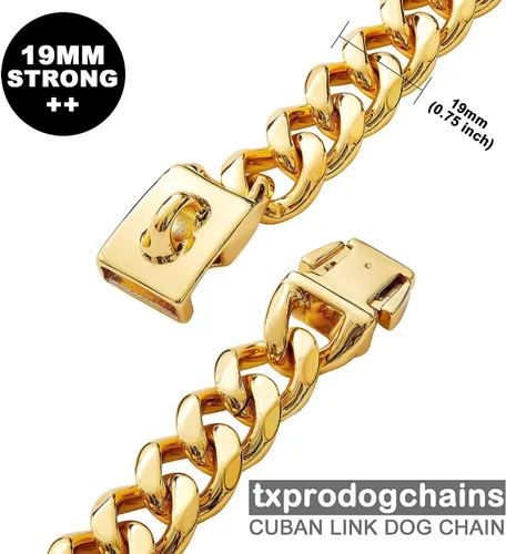 Miniatura 5 de txprodogchains Collar de cadena para perro grande con hebilla, resistente de 0.748 in de grosor, acero inoxidable, oro de 18 quilates, cadena