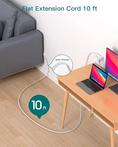 Miniatura 3 de Cable de extensión plano de 10 pies - Addtam Tira de alimentación de enchufe plano con 6 tomas extensor, sin protector de sobretensiones para barco