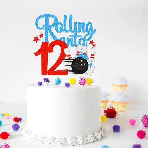 Miniatura 6 de Bowling Rolling Into 12 Happy 12th Birthaday - Decoración de pastel de bola de boliche de 12 cumpleaños con purpurina - Decoración de pastel