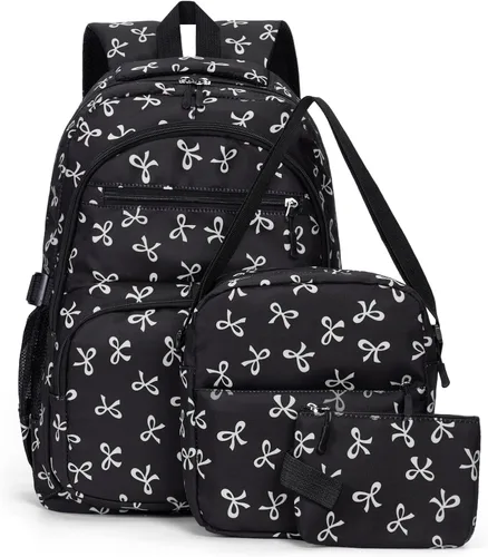 Miniatura 9 de Mochila con lazo para mujer, mochila kawaii de nailon coquette, juego de 3 piezas, linda mochila para computadora portátil universitaria, mochila
