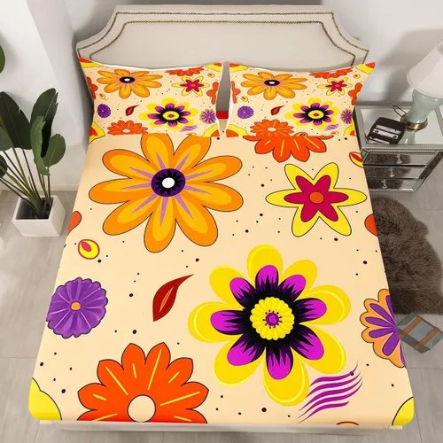 Miniatura 22 de Juego de ropa de cama con diseño floral bohemio, tamaño individual, diseño retro de flores groovy, 60S y 70S, diseño de flores hippie para niños