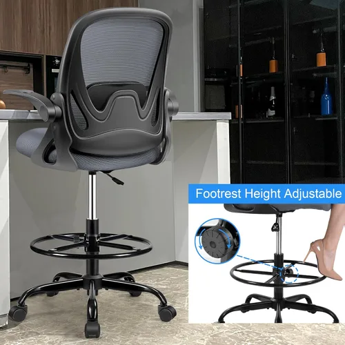 Miniatura 4 de Silla de dibujo alta de oficina con reposabrazos abatibles, altura ajustable, soporte lumbar mejorado, taburete ergonómico con ruedas, soporte
