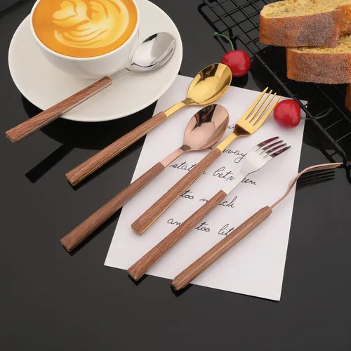 Miniatura 6 de JASHII Juego de cubiertos de mango de madera, 20 piezas de cubiertos de acero inoxidable, pulido con espejo, juego de cucharas y tenedores