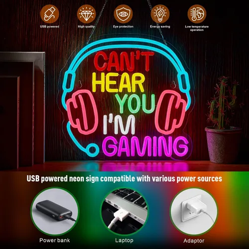 Miniatura 3 de Letrero de neón para juegos Can't Hear You I'm Gaming Headset Gamer Luz LED brillante alimentada por USB Letrero luminoso de auriculares Letreros