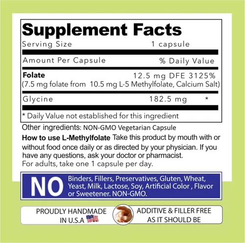 Miniatura 7 de Our Daily Vites L-metilfolato 7.5 mg/7500 mcg - Suplemento activo de folato 5-MTHF - Folato de metilo de alta potencia - Apoya la energía
