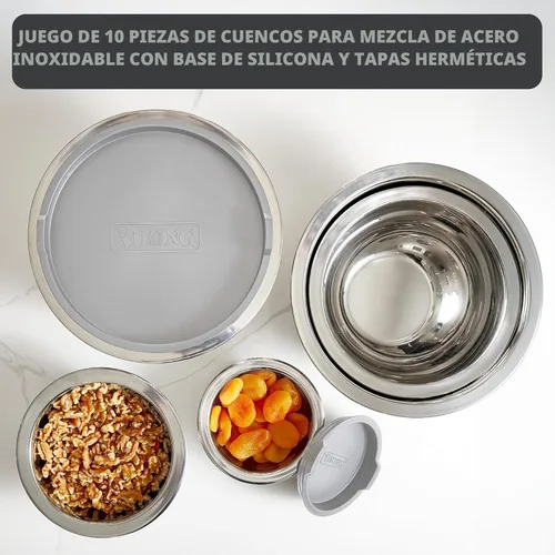 Miniatura 2 de Juego de tazones para mezclar Viking, 10 piezas de utensilios de cocina de acero inoxidable, base de silicona antideslizante, incluye tapas de Gris