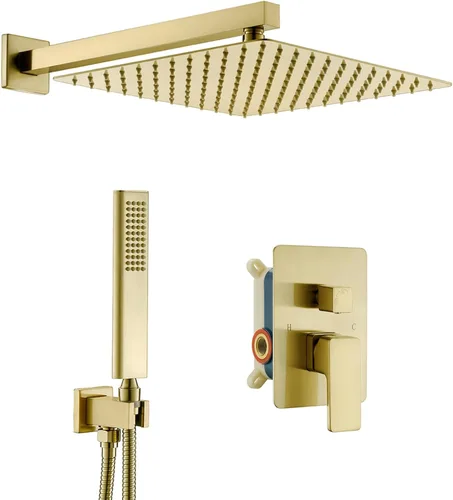 Miniatura 9 de Sistema de ducha de oro cepillado de 12 pulgadas para baño, cabezal de ducha de lluvia dorado de alta presión con rociador de mano, accesorios