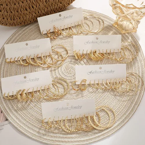Miniatura 2 de 36 pares de aretes de aro dorados para mujeres y niñas, paquete múltiple de aretes de aro dorados gruesos, hipoalergénicos grandes y pequeños, juego