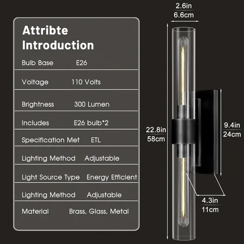 Miniatura 3 de Apliques de Pared Negros, 22.8" Apliques de Baño, Iluminación de Pared con Apliques de 2 Luces, Juego de Dos Apliques de Pared de Bronce, Luces