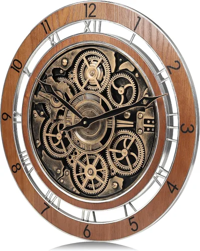 Miniatura 5 de Lafocuse Real Moving Gears - Reloj de pared marrón vintage, reloj de engranaje steampunk de 21 pulgadas con números arábigos y romanos, reloj
