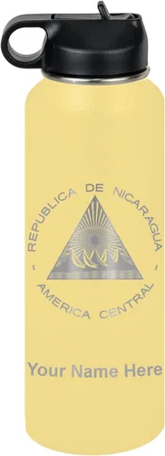Miniatura 71 de LaserGram Botella de agua personalizada, bandera de Nicaragua, acero inoxidable de doble pared aislada al vacío con popote superior, regalo grabado