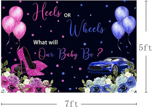 Miniatura 3 de MEHOFOND Talones o ruedas de 7 x 5 pies, fondo de revelación de género, globos fucsia o azul, sorpresa de género floral, baby shower, fiesta, mesa