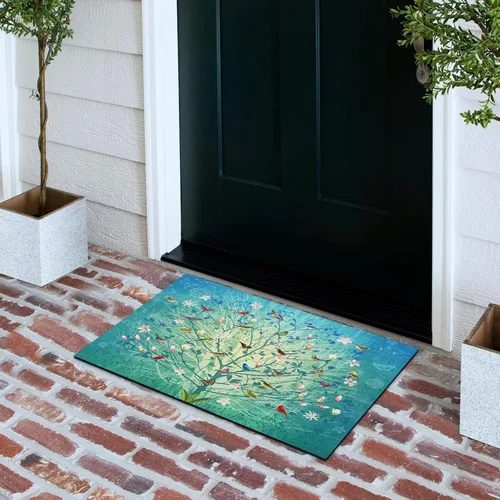 Miniatura 7 de Arttown Tapete para puerta de pájaros, 17 x 30 pulgadas, diseño de pájaros coloridos y árbol azul, tapete decorativo para el hogar, parte trasera