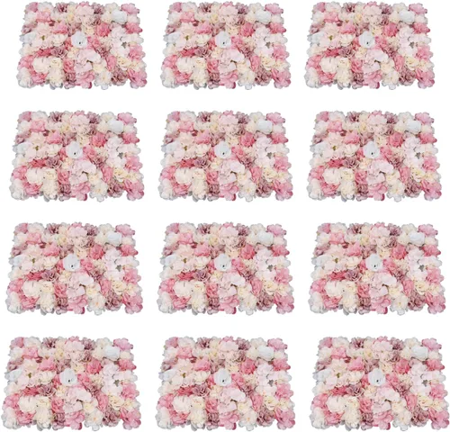 Miniatura 16 de Paneles de pared de flores 3D, 12 paneles de pared de flores artificiales, rosas de seda, fondo de pared de flores sintéticas decorativas