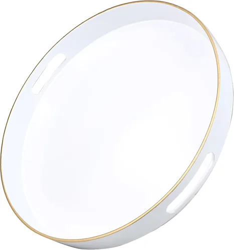 Miniatura 24 de Bandeja decorativa redonda negra con asas, bandeja versátil de 13 pulgadas para mesa de café, otomana, ideal para servir, exhibir y organizar