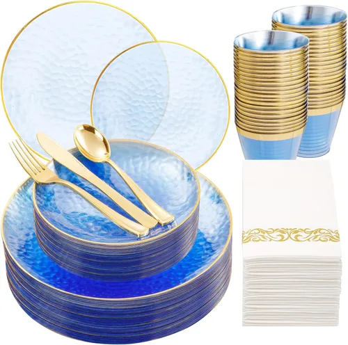 Miniatura 22 de DaYammi Juego de vajilla de plástico dorado transparente de 175 piezas, platos de plástico desechables martillados desechables para fiestas
