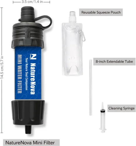 Miniatura 4 de Mini Filtro de Agua NatureNova Sistema Portátil de Filtración de Agua de Emergencia para Senderismo, Camping, Popote, Equipo de Supervivencia, Azul-2