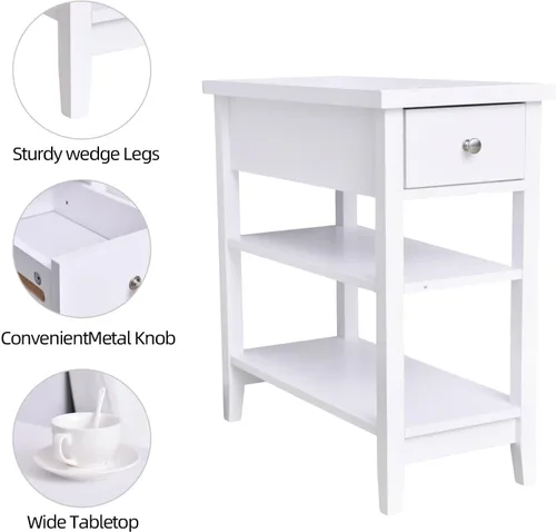 Miniatura 3 de Mesa auxiliar con cajón y estantes dobles, mesa auxiliar para sofá, mesita de noche para espacios pequeños, sala de estar, dormitorio, oficina Blanco