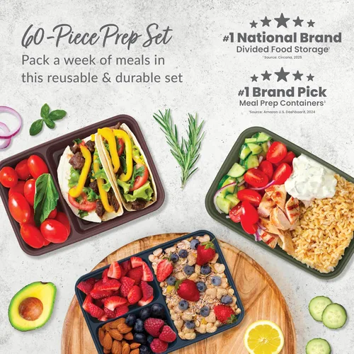 Miniatura 2 de Bentgo Prep Kit de preparación de comidas de 60 piezas, recipientes de alimentos reutilizables PFAS y sin BPA, 1 compartimento, 2 compartimentos y 3