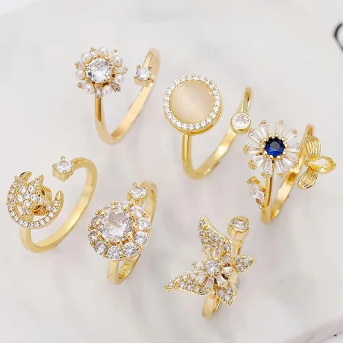 Miniatura 6 de Honsny 6 piezas anillos de ansiedad chapados en oro de 14K para mujeres, anillo giratorio ajustable para la ansiedad, anillos fidget CZ de mariposa