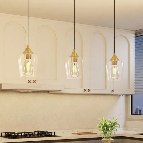 Miniatura 8 de VONLUCE Lámpara Colgante de Isla de Cocina, Lámpara Colgante de Oro Cepillado con Base E26 y Cable Ajustable, Iluminación Colgante Moderna con Dorado