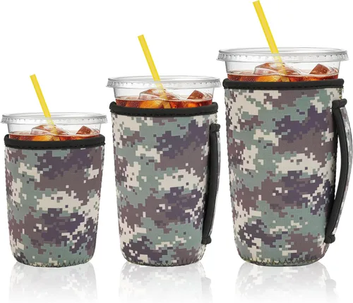Miniatura 12 de KJQJLY Paquete de 3 fundas reutilizables para café helado con asa, de neopreno, aisladas, para bebidas calientes y frías, se adapta a tazas de 16 a
