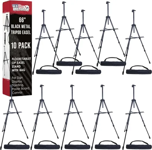 U.S. Art Supply Caballete de trípode de metal negro de 66 pulgadas (paquete de 10) – ajustable de 20 a 5.5 pies, soporta lona de 32 pulgadas,