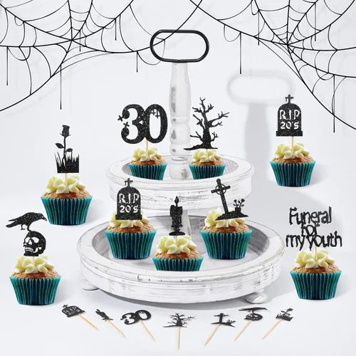 Miniatura 5 de Roowest 48 adornos para cupcakes de los años 20 con purpurina de Death to My Twenties Rip to My 20, decoraciones de fiesta de cumpleaños de 30 años