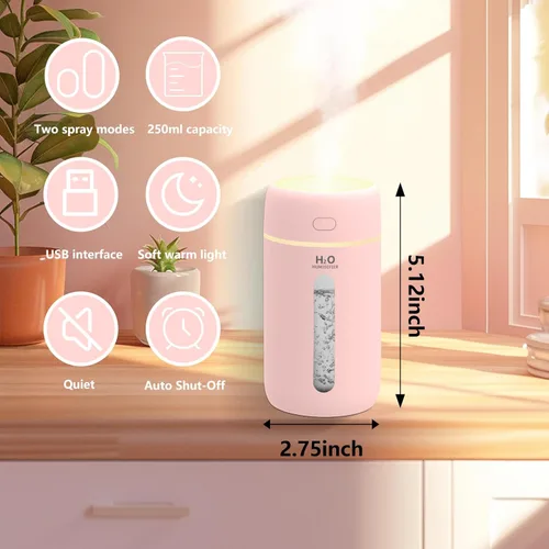 Miniatura 2 de Lisacool Humidificador pequeño, mini humidificador portátil para dormitorio, oficina, automóvil, viajes con luz nocturna, apagado automático, súper