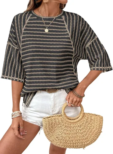 Miniatura 14 de Dokotoo Camisetas de verano para mujer, camisetas de gran tamaño para mujer, a rayas, bloques de color, manga corta, cuello redondo, blusas casuales