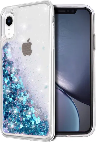 Funda protectora para iPhone XR, diseño de doble capa, líquido flotante flotante con purpurina colorida en cascada de TPU, color azul