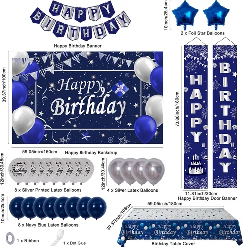 Miniatura 2 de Decoraciones de cumpleaños azules y plateadas, decoraciones de fiesta de cumpleaños para hombres, niños, mujeres y niñas, con pancarta de feliz