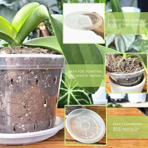 Miniatura 2 de DESOMINOR Maceta de orquídea transparente, macetas de plástico de 4.8 pulgadas, 5.6 pulgadas y 7 pulgadas con agujeros y platillos, macetas