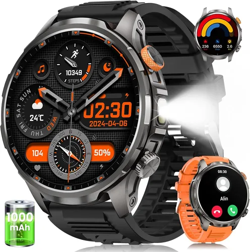 Relojes inteligentes para hombres (batería de 100 días/linterna), reloj inteligente militar impermeable de 5 ATM con frecuencia cardíaca, sueño,