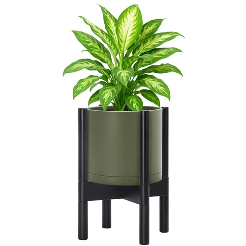 Miniatura 46 de Maceta de D'vine Dev con soporte - Maceta de flores de cilindro de plástico de 8.0 pulgadas con soporte de madera para interiores, maceta mate negra