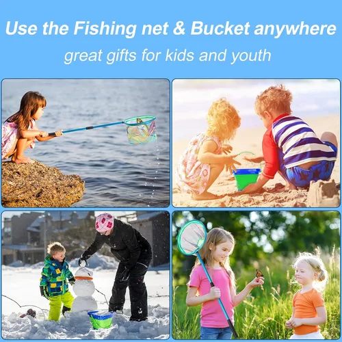Miniatura 6 de Red de pesca para niños, paquete de 2 redes telescópicas de aterrizaje con mango de poste de aluminio, cubo de arena plegable, red de mariposa, red