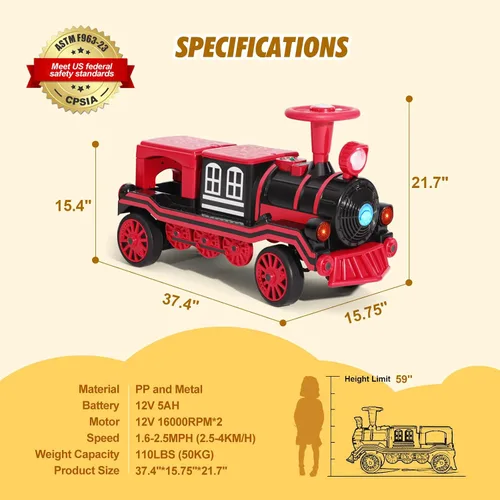 Miniatura 5 de Joyldias - Tren para montar de 2 plazas, juguete de montar de 12 V para niños con música, claxon de tren, luces, velocidad alta/baja