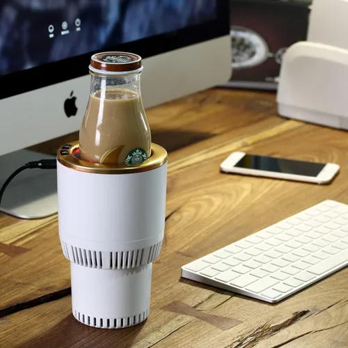 Miniatura 5 de Portavasos para automóvil con enfriador de bebidas, calentador inteligente de tazas, soporte para vasos 2 en 1 para automóvil (blanco con dorado)