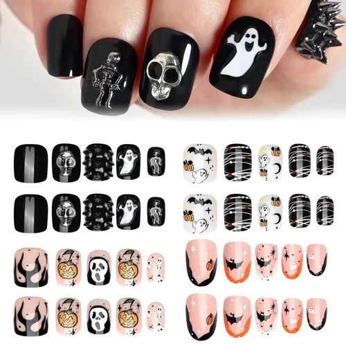 Miniatura 9 de Artquee Uñas postizas a presión de Halloween, paquete de 4 96 piezas, puntas postizas ovaladas cuadradas cortas con diseños de fantasma, llama